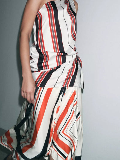 Striped Oblique One Shoulder Top & Wrap Skirt Coord Set