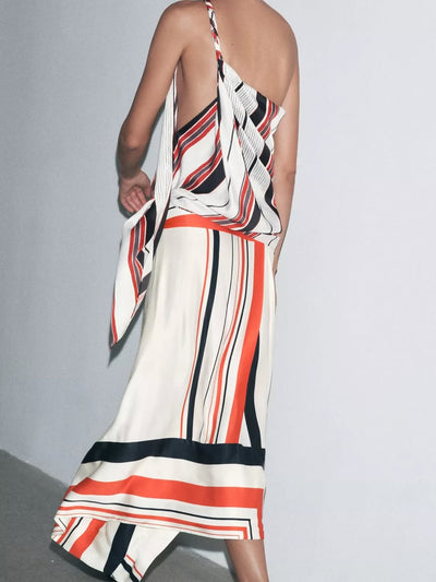 Striped Oblique One Shoulder Top & Wrap Skirt Coord Set