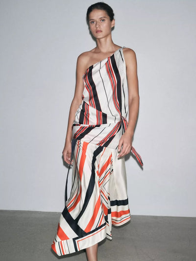 Striped Oblique One Shoulder Top & Wrap Skirt Coord Set