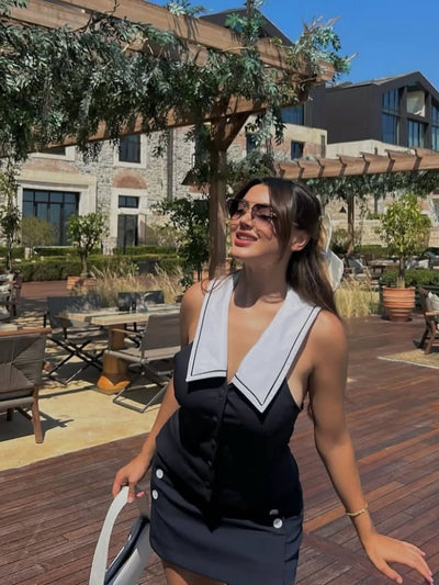 Two Tone Vest & High Waist Skirt Coord Set