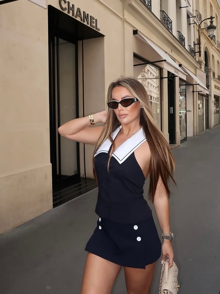 Two Tone Vest & High Waist Skirt Coord Set