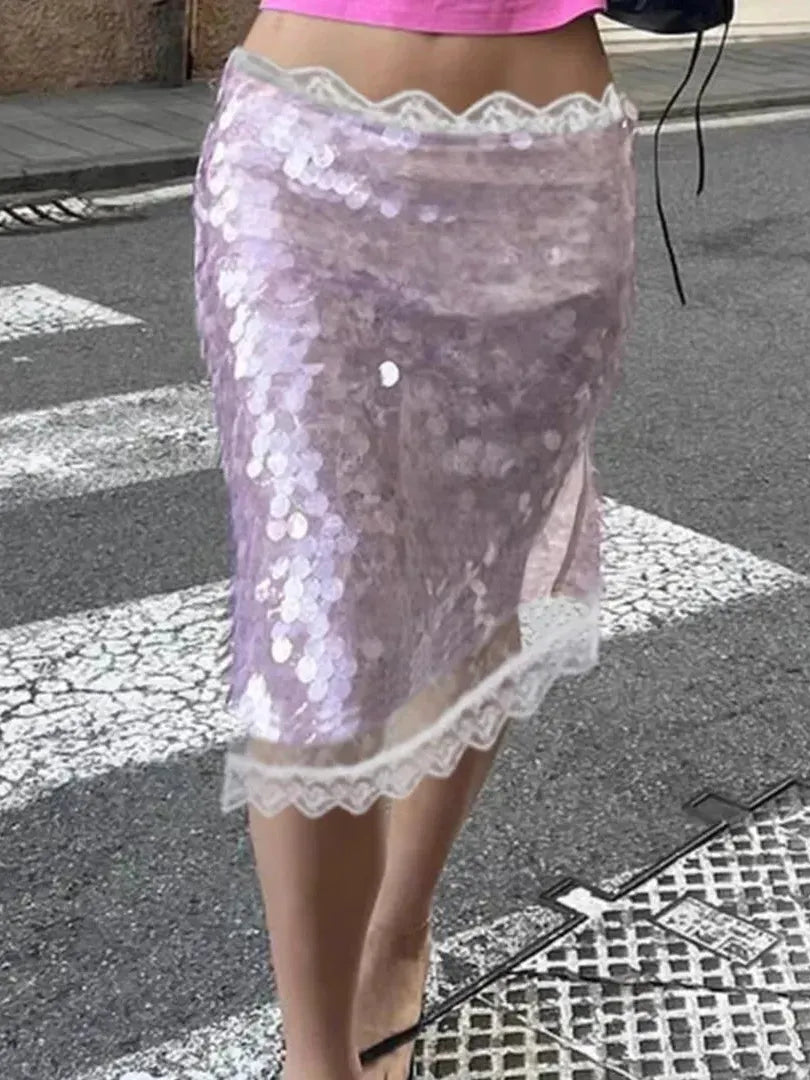 Coin Sequins Lace Short Midi Skirt