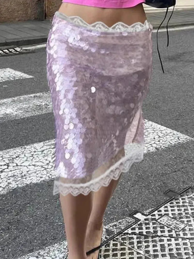 Coin Sequins Lace Short Midi Skirt