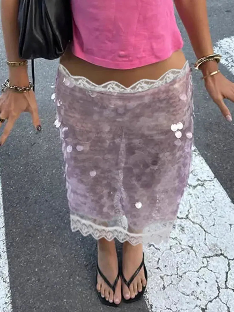 Coin Sequins Lace Short Midi Skirt