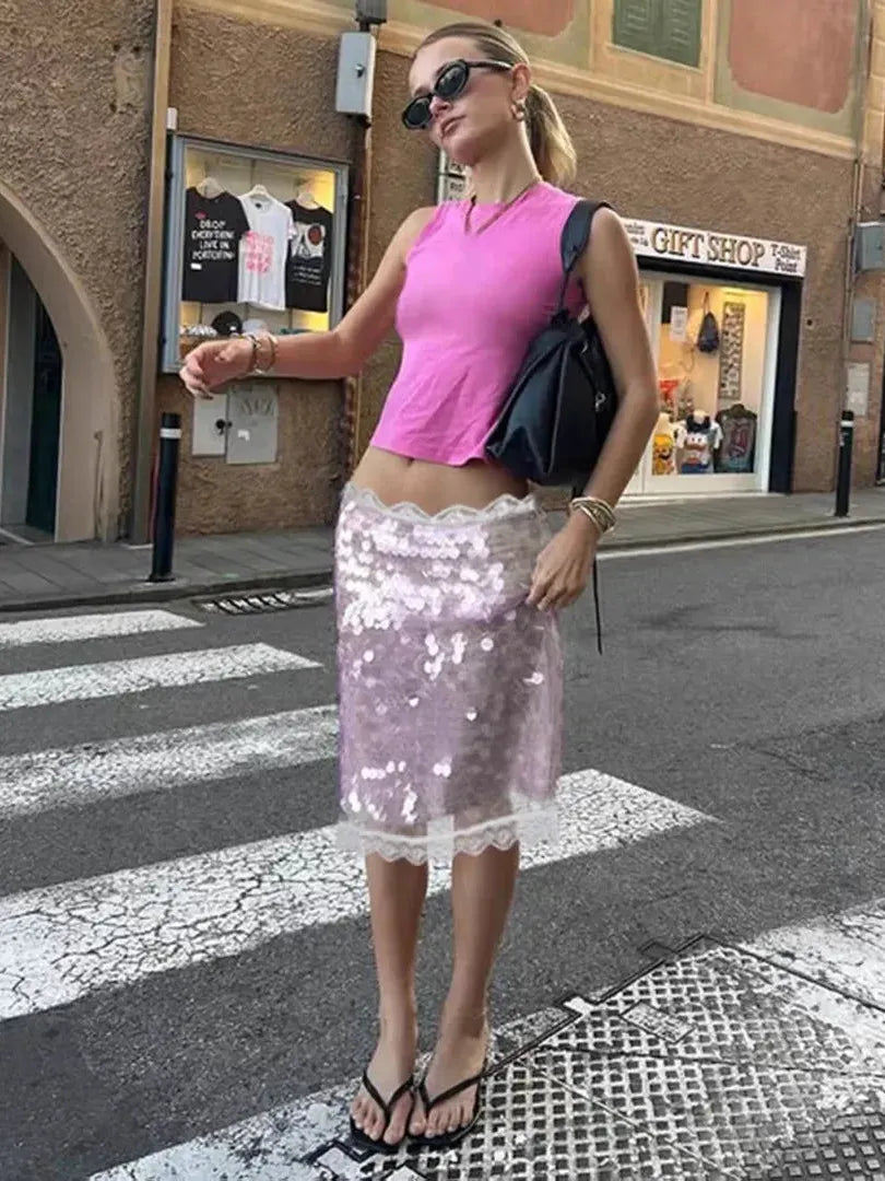 Coin Sequins Lace Short Midi Skirt