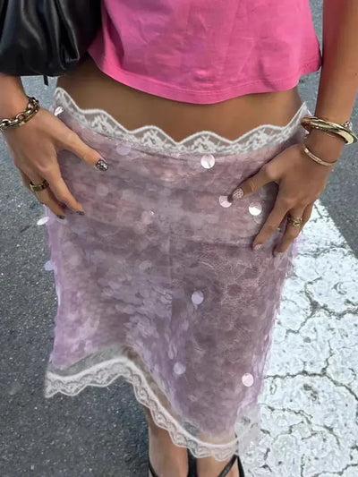 Coin Sequins Lace Short Midi Skirt