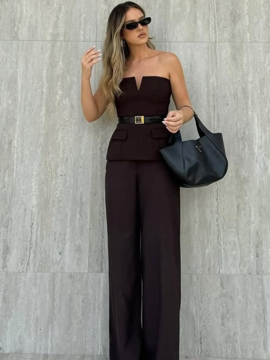 Brown Strapless Tube TOp & Wide Leg pants Coord Set