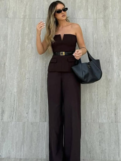 Brown Strapless Tube TOp & Wide Leg pants Coord Set