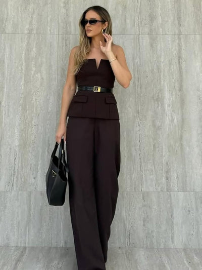 Brown Strapless Tube TOp & Wide Leg pants Coord Set
