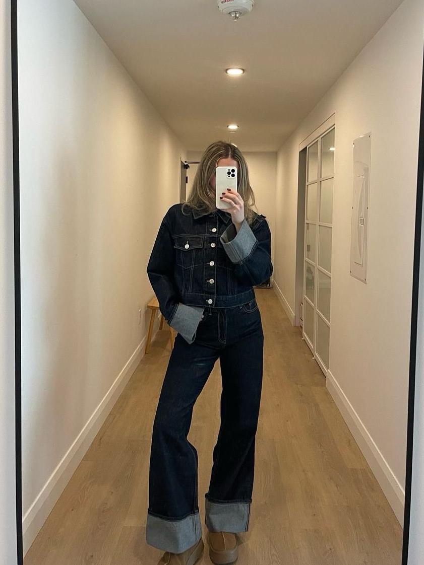 Cropped Denim Jacket & High Waist Denim Pants Coord Set