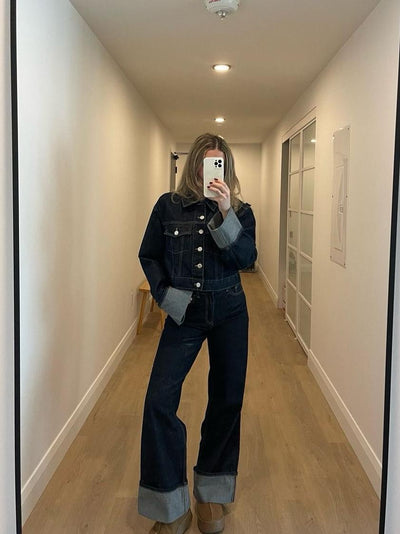 Cropped Denim Jacket & High Waist Denim Pants Coord Set