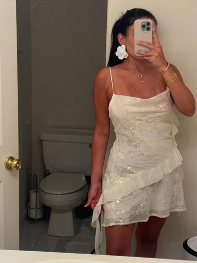 White  Asymmetric Ruffle Sequins Short Dress