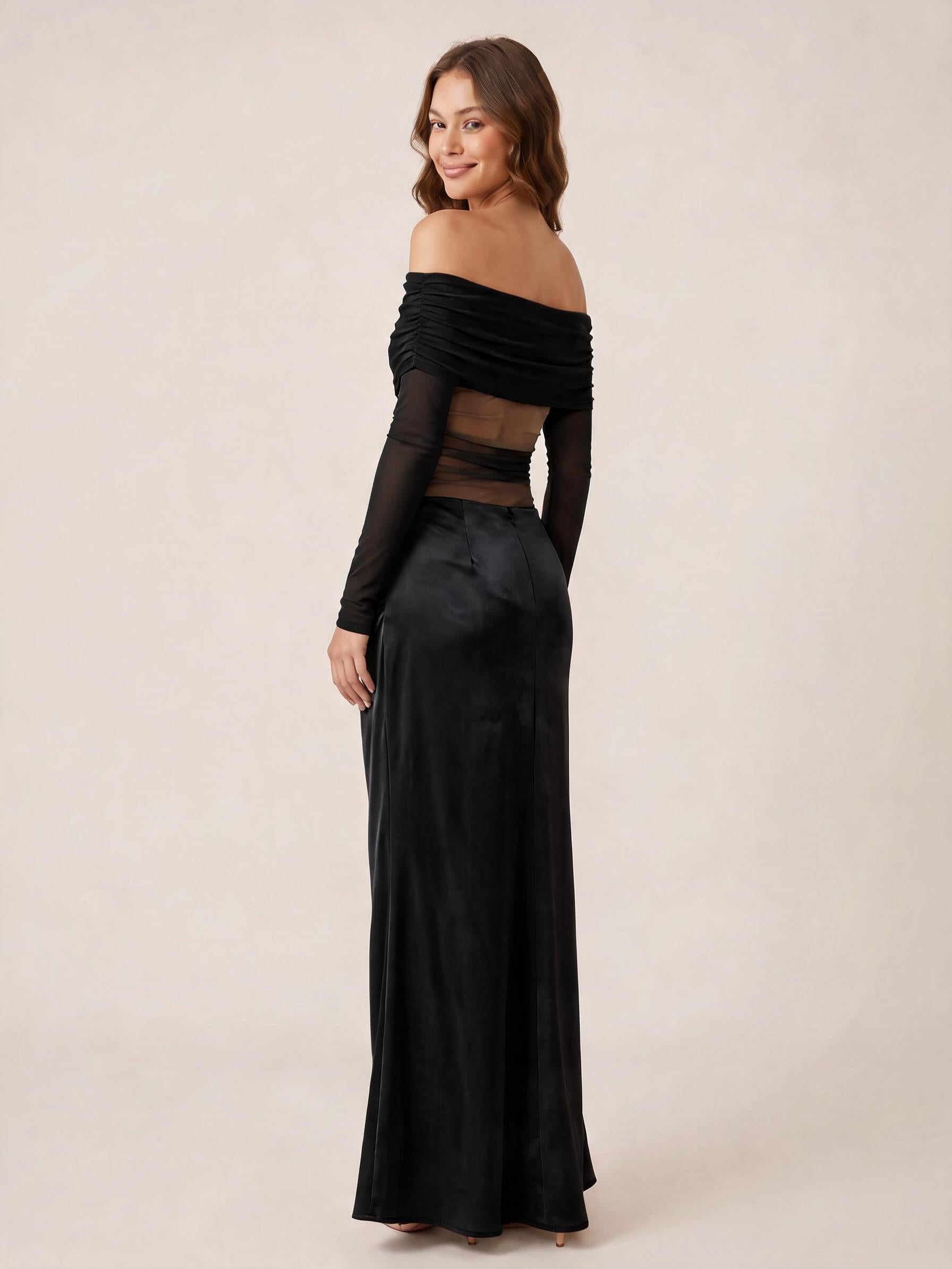 Off-Shoulder Cutout Maxi Dress in black with ruched bodice and sheer mesh midsection, long sleeves.