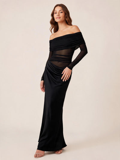 Off Shoulder Cutout Maxi Dress on sale in black satin