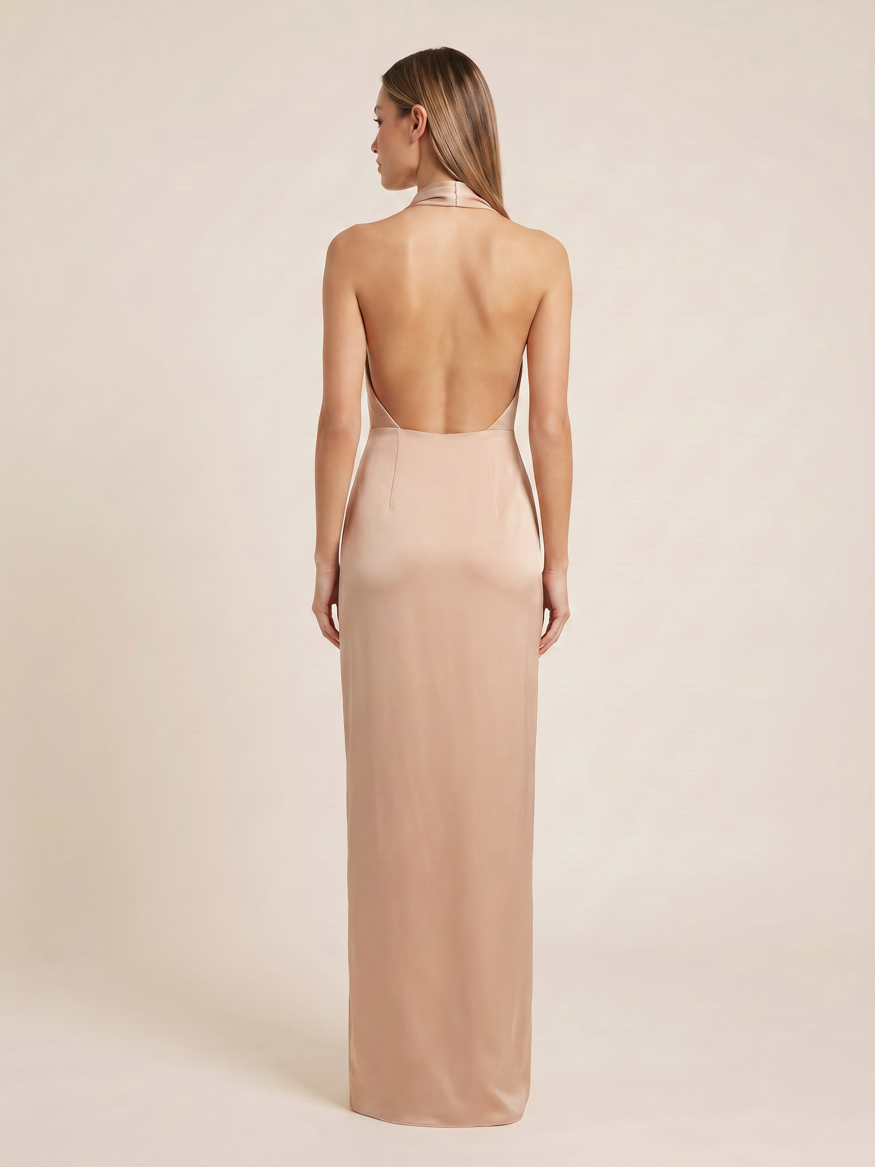 Halter Cowl Neck Backless Maxi Dress in nude satin by EXCLUSIVES, Dresses on Sale
