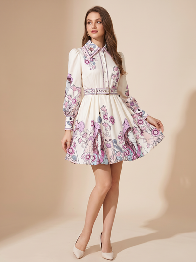 Floral Vintage Print A-line Dress with Belt by EXCLUSIVES in cream and pink.
