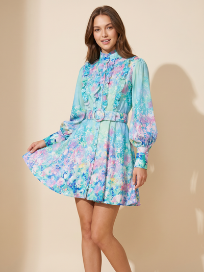Green floral print A-line dress with belt by EXCLUSIVES