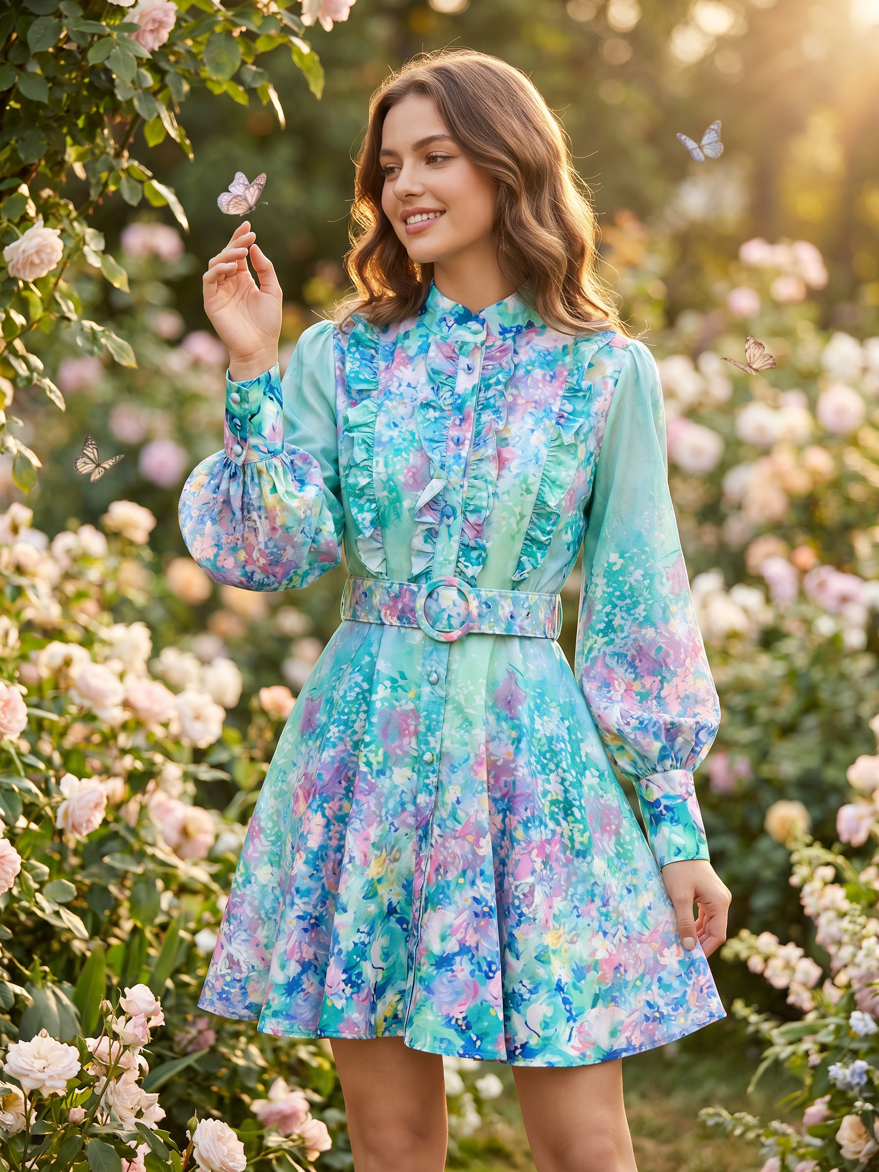 Green Floral Print A-Line Dress with Belt by EXCLUSIVES, on sale