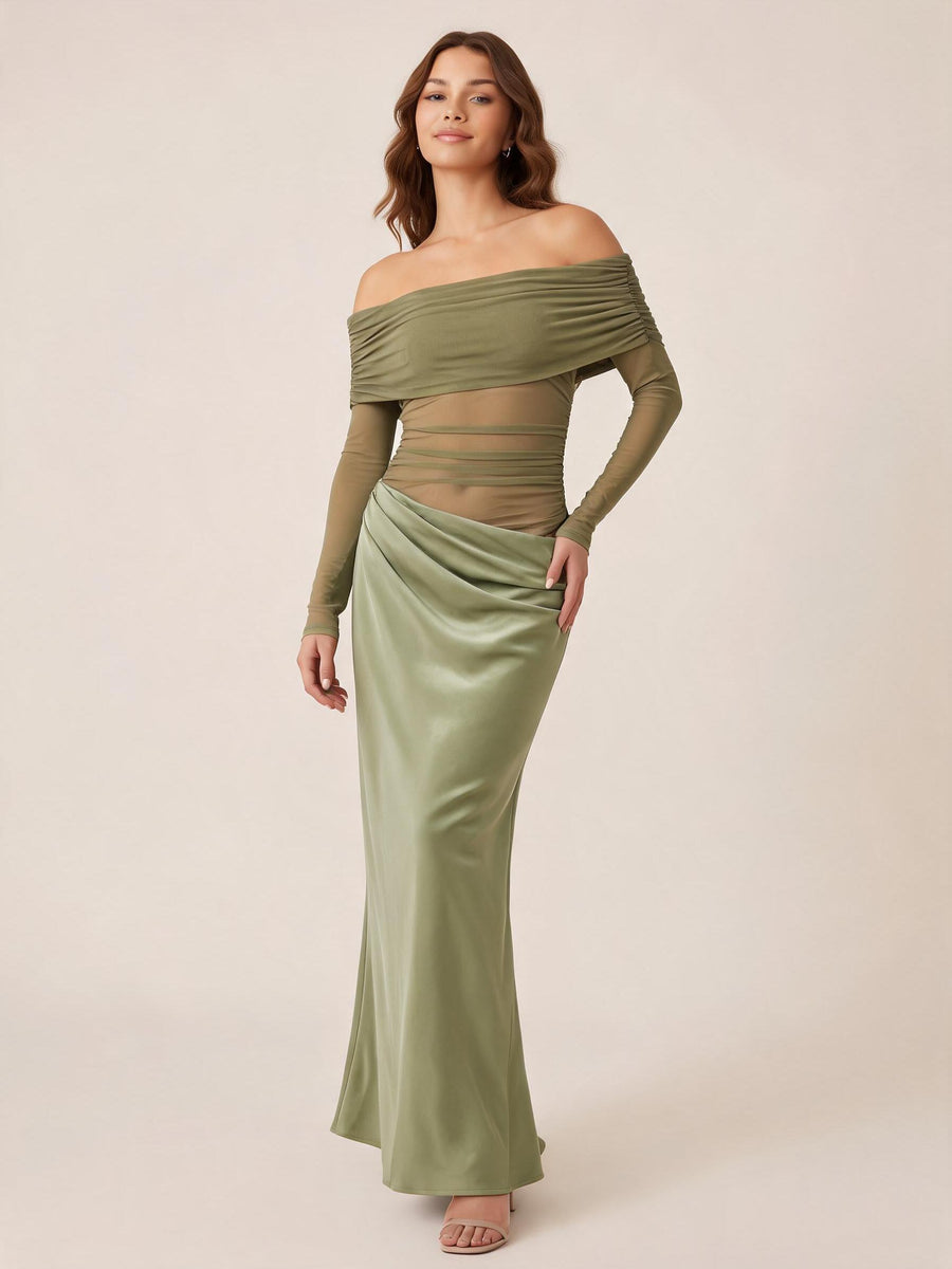 Off-shoulder cutout maxi dress in olive satin with ruched bodice and sheer waist panel