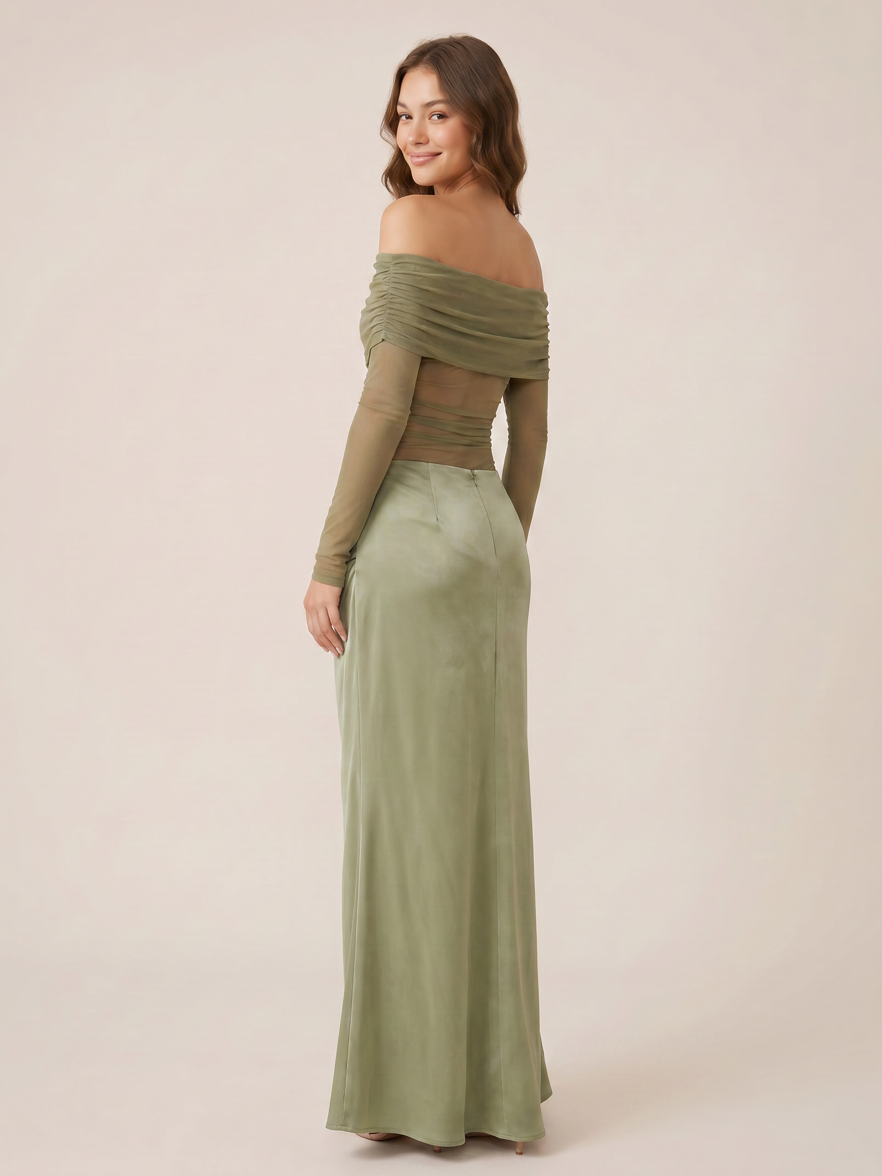 Off-Shoulder Cutout Maxi Dress in olive green by EXCLUSIVES, dresses on sale
