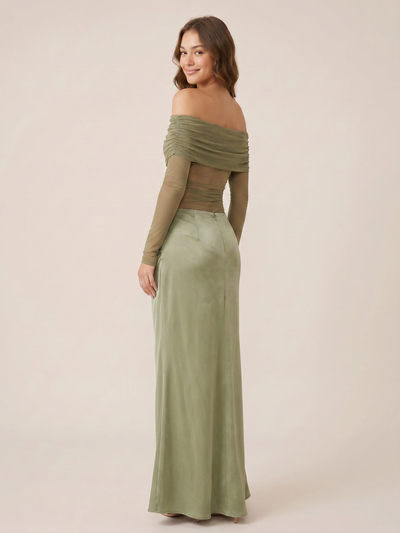 Off-Shoulder Cutout Maxi Dress in olive green by EXCLUSIVES, dresses on sale