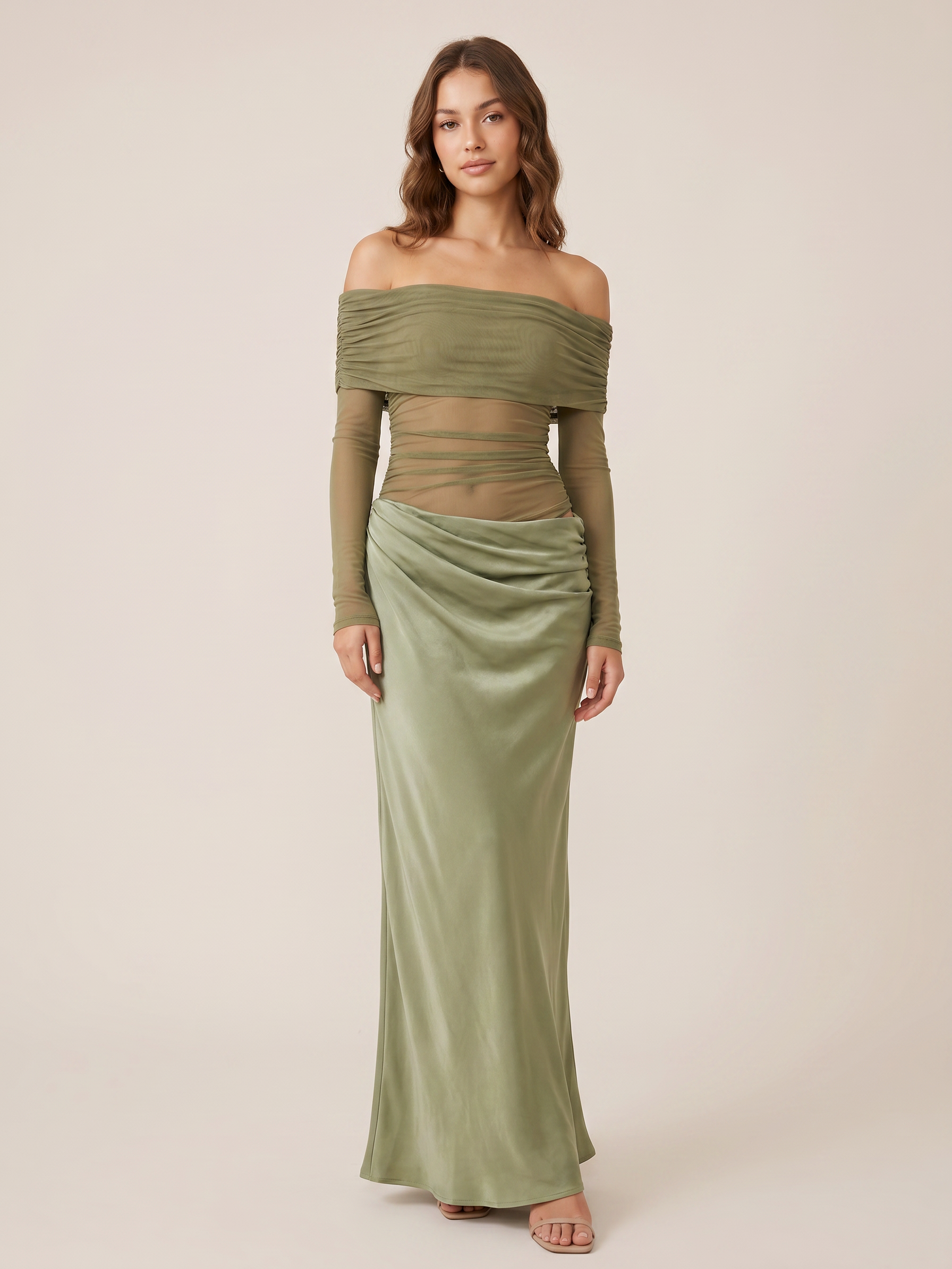 Off-Shoulder Cutout Maxi Dress by EXCLUSIVES in olive satin; ruched bodice with sheer waist panel.