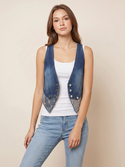 Denim vest waistcoat cardigan by EXCLUSIVES, blue denim with metal front buttons