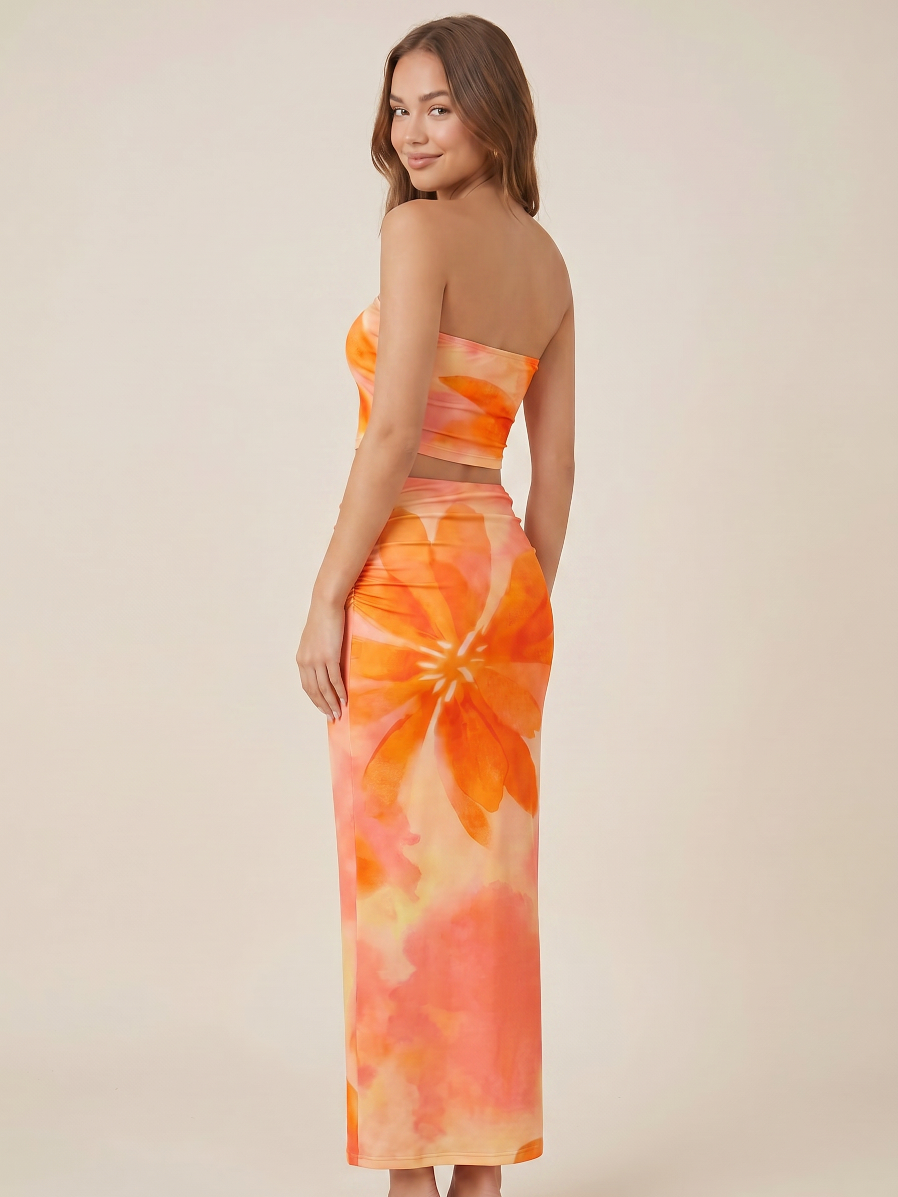 Flower-printed tube top and skirt coord set, orange floral two-piece outfit.