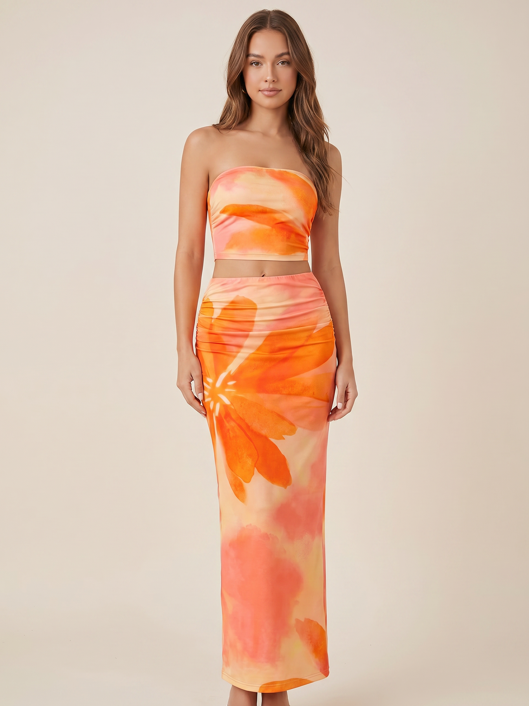 Flower-Printed Tube Top & Skirt Coord Set, two-piece Exclusives outfit in orange and pink tones