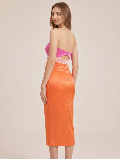 Bodycon Cutout Tube Satin Dress; pink satin bodice with back cutout and orange satin skirt