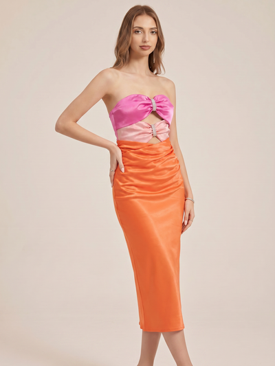 Bodycon cutout satin tube dress by EXCLUSIVES in pink and orange satin, on sale