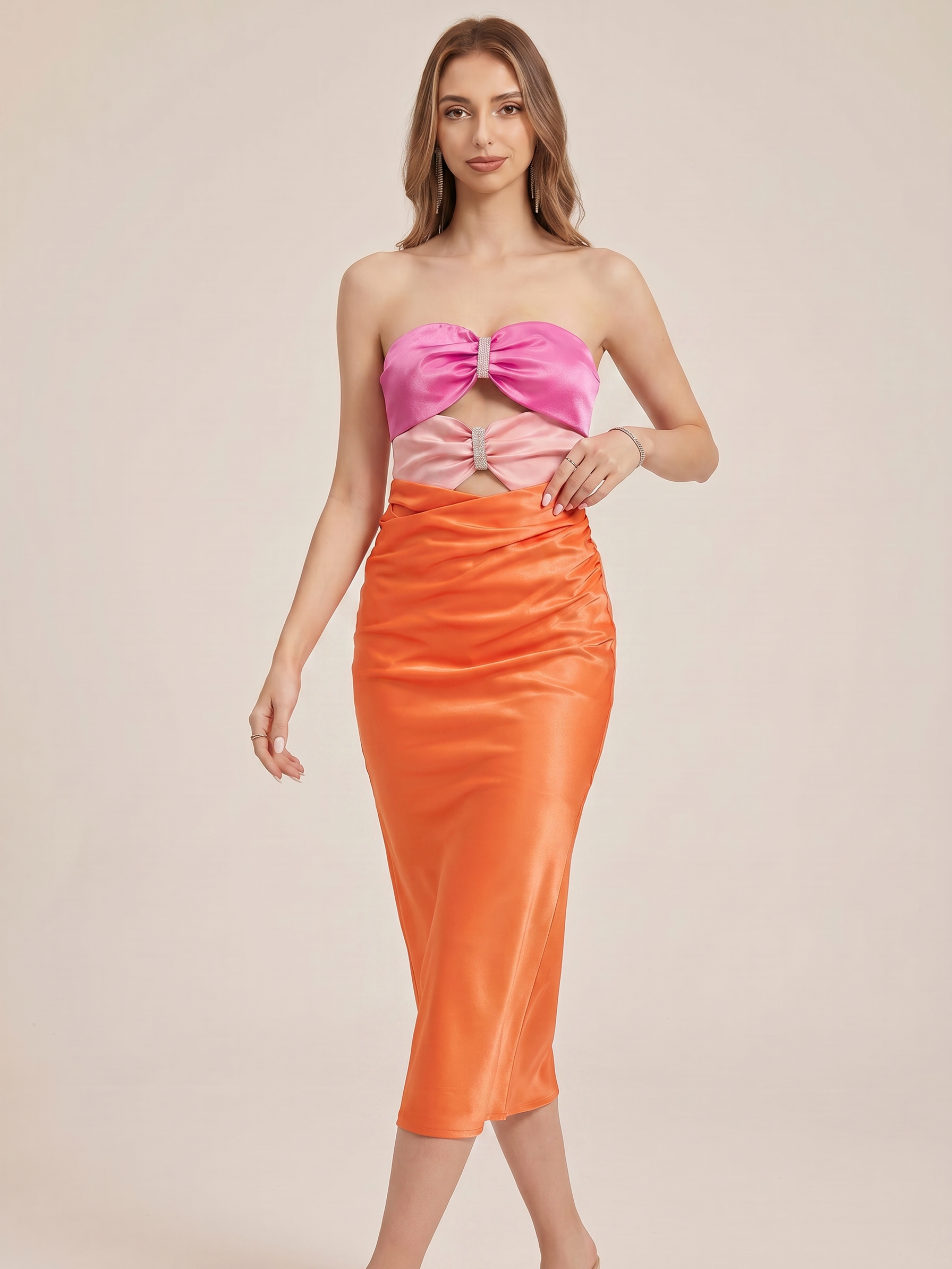 Bodycon Cutout Tube Satin Dress in pink and orange satin with waist cutouts, EXCLUSIVES.