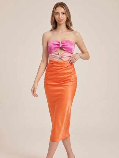 Bodycon Cutout Tube Satin Dress in pink and orange satin with waist cutouts, EXCLUSIVES.