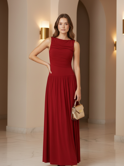 Sleeveless Ruched Maxi Dress in red, floor-length flowing fabric