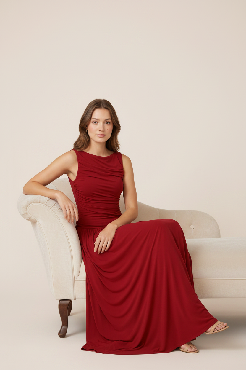 Sleeveless ruched maxi dress in deep red with a flowing silhouette