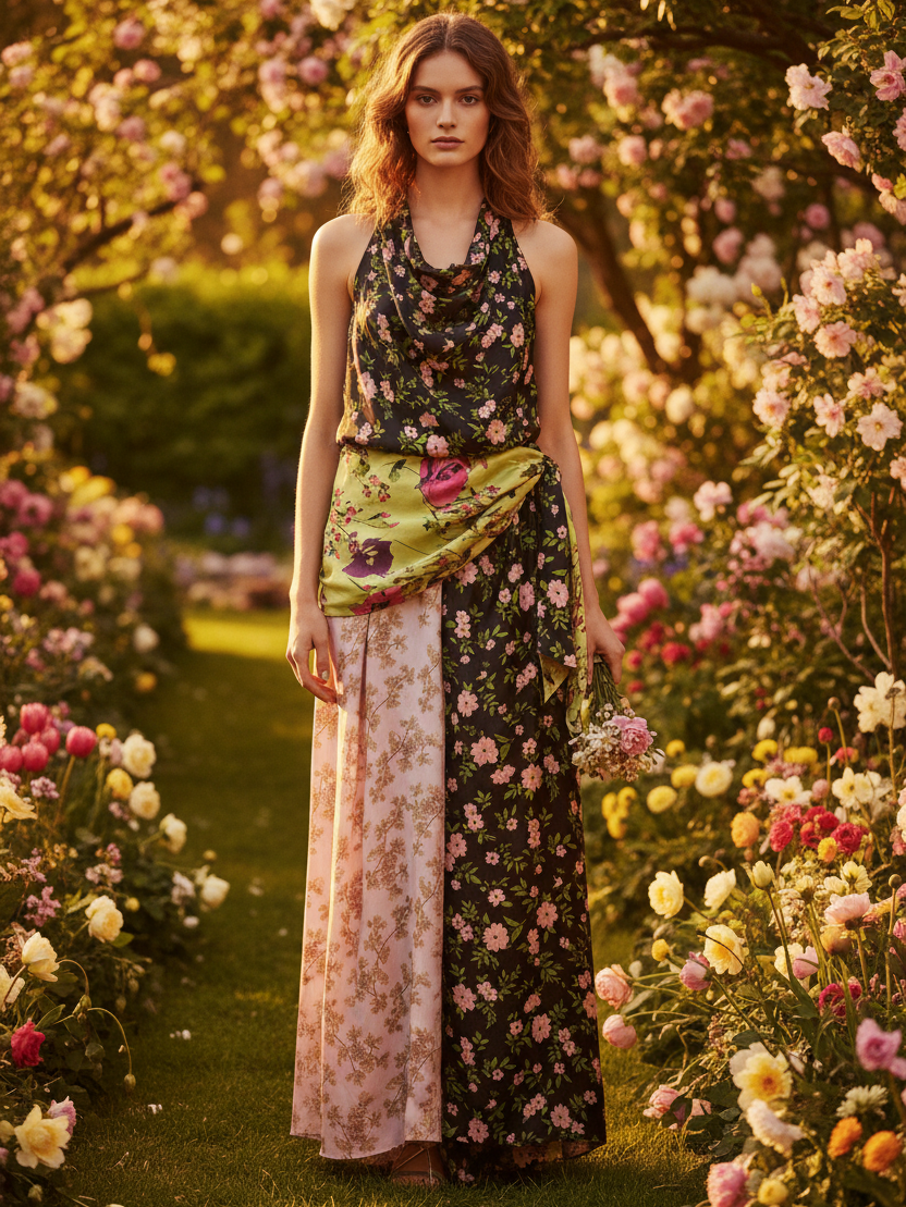 Floral Print Halterneck Backless Maxi Dress with black base pink flowers and a green waist wrap