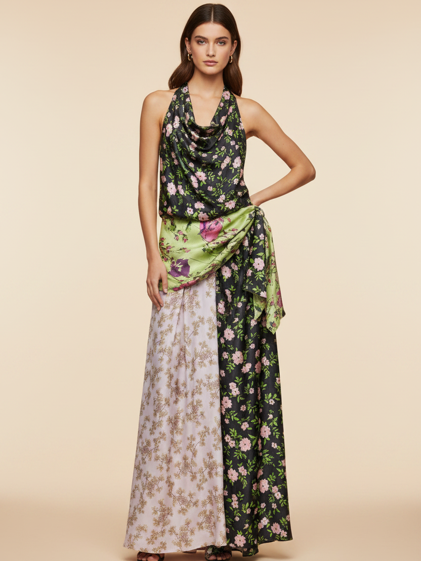 Floral Print Halterneck Backless Maxi Dress by EXCLUSIVES, multi-panel black, green and cream floral