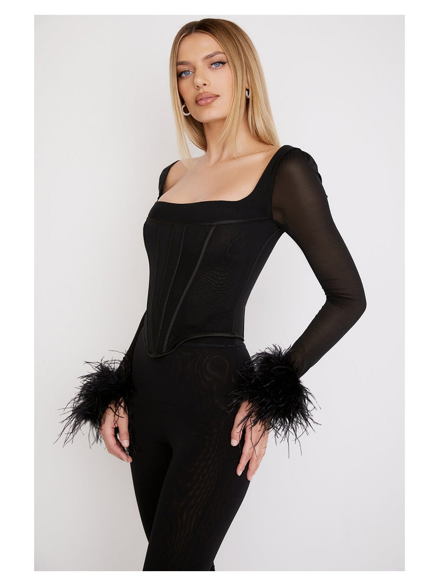 Boning Feather Sleeves Corset Top
