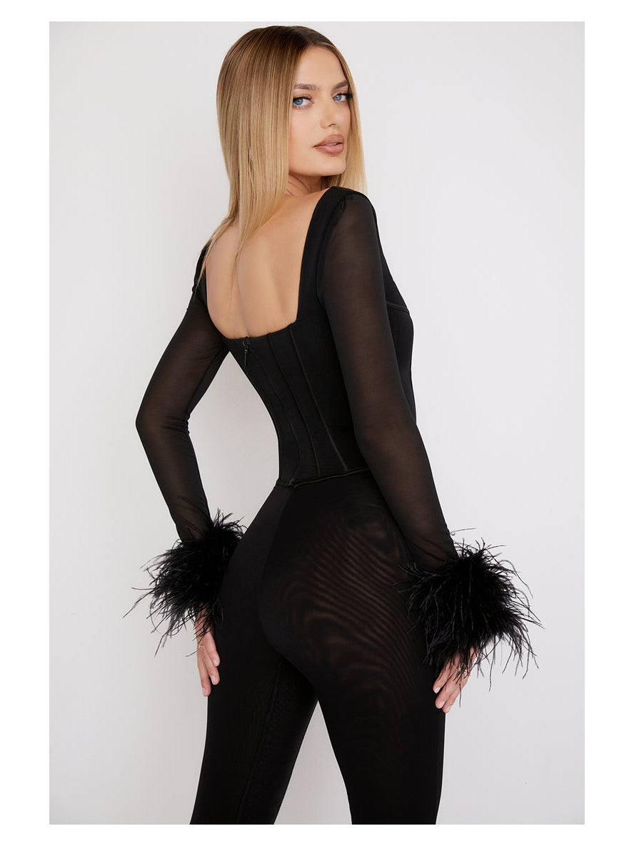 Boning Feather Sleeves Corset Top