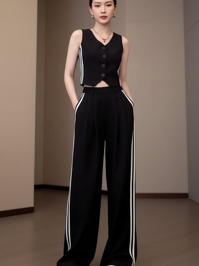 Striped waistcoat vest and wide-leg pants coord set, black with white side stripes, two-piece