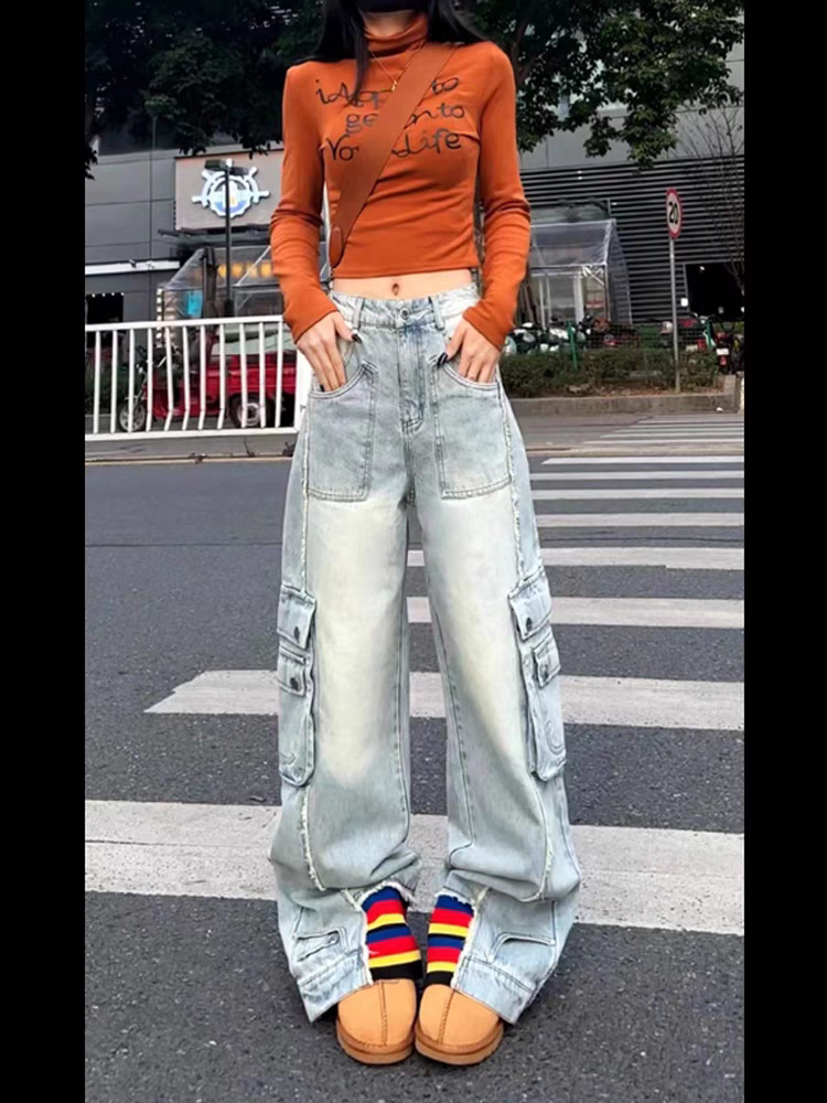 Striped Wide Leg Bottom Denim Cargo Pants