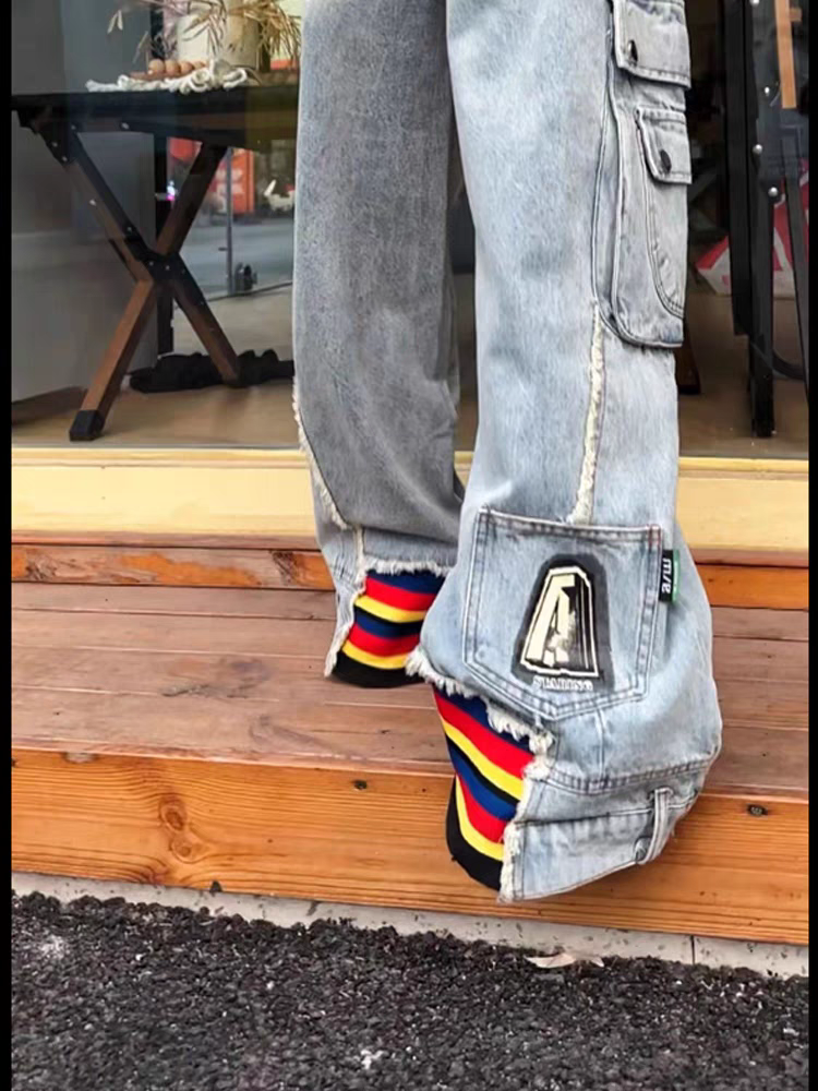 Striped Wide Leg Bottom Denim Cargo Pants