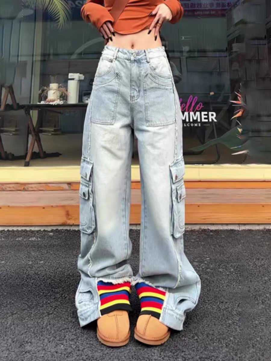 Striped Wide Leg Bottom Denim Cargo Pants