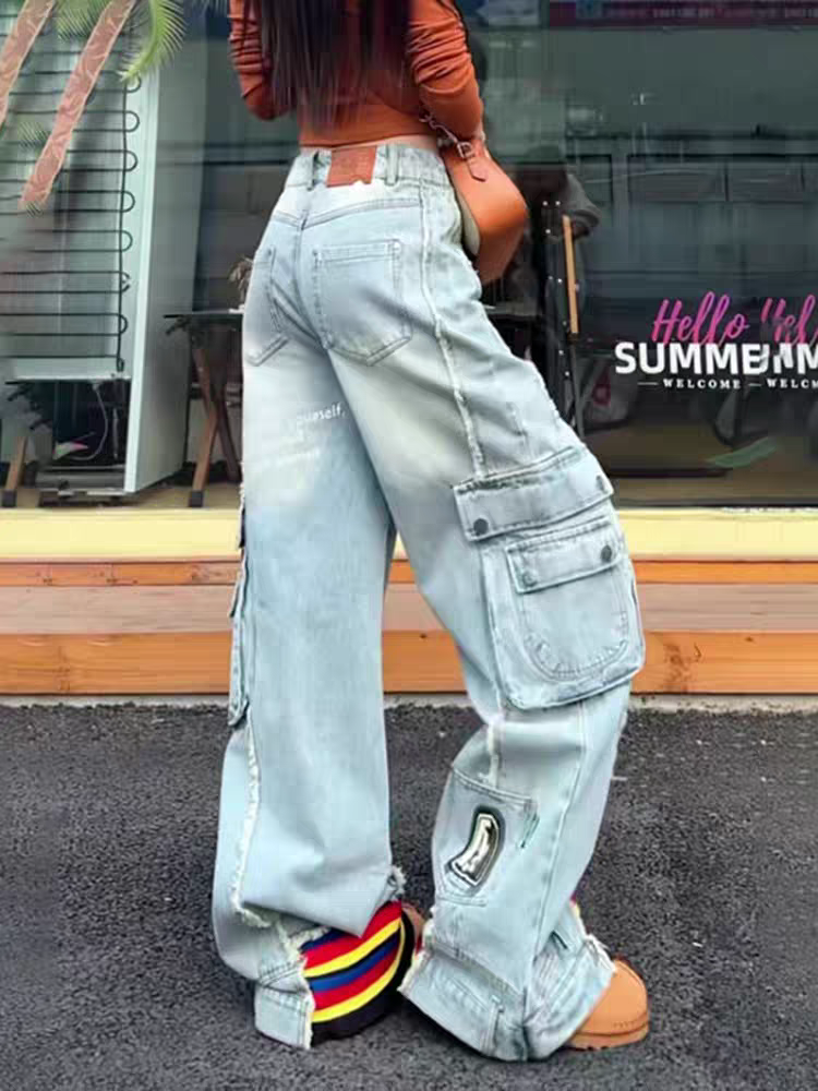Striped Wide Leg Bottom Denim Cargo Pants