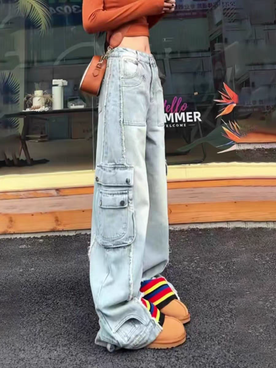 Striped Wide Leg Bottom Denim Cargo Pants