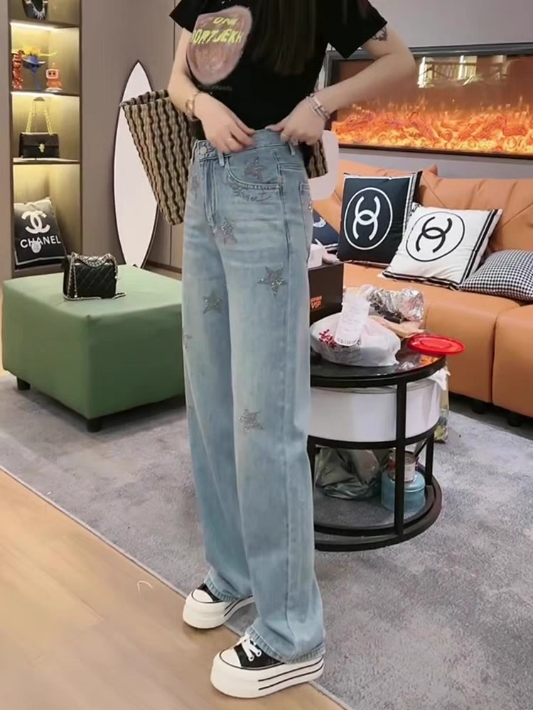 Star Print Rhinestone Wide Leg Denim Pants