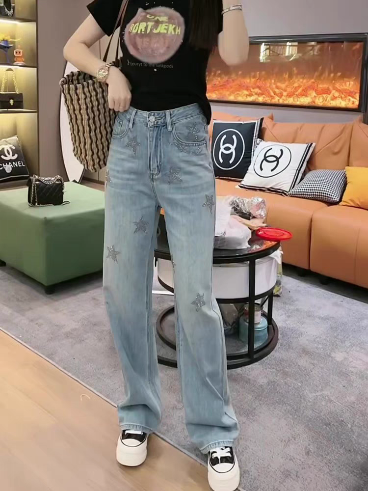 Star Print Rhinestone Wide Leg Denim Pants