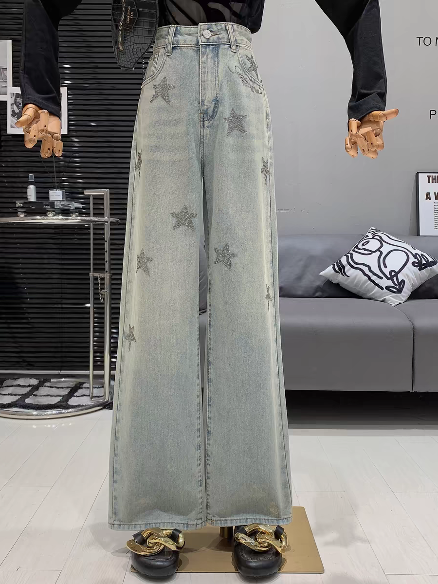 Star Print Rhinestone Wide Leg Denim Pants