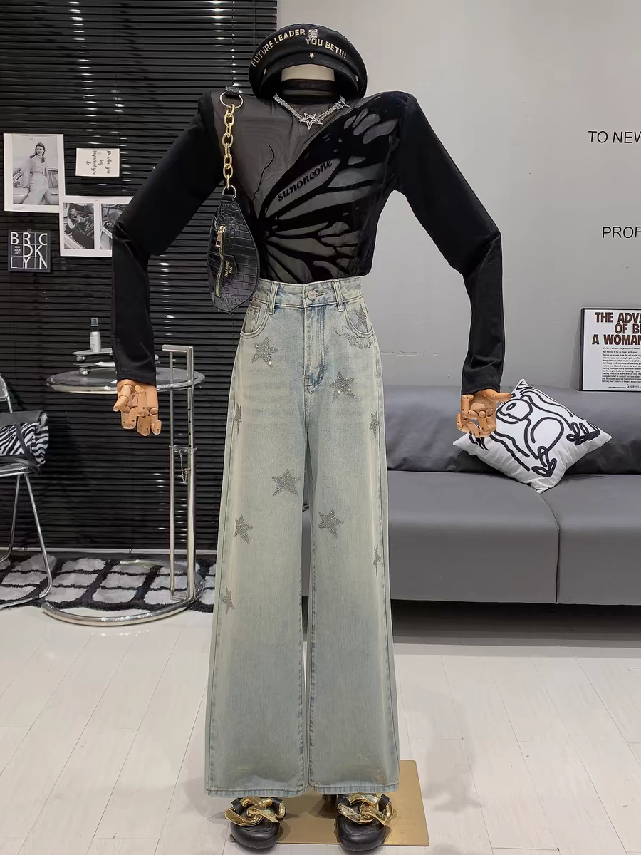 Star Print Rhinestone Wide Leg Denim Pants