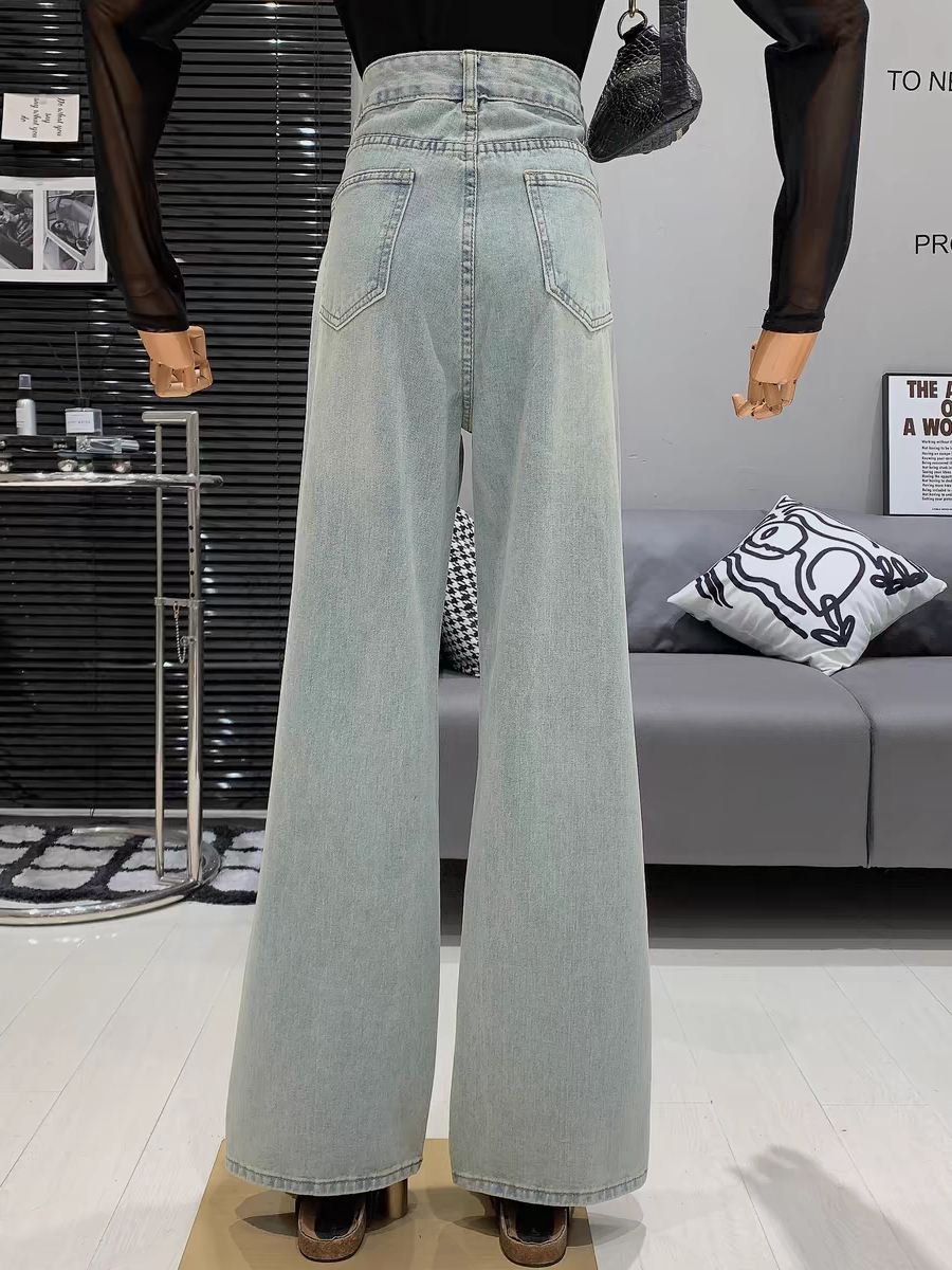 Star Print Rhinestone Wide Leg Denim Pants